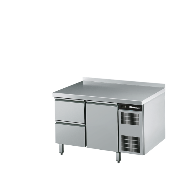 Kühltisch GN 1/1, 1 Tür / 2 Schubladen, mit Tischpl. hinten aufgekantet, Steckerfertig