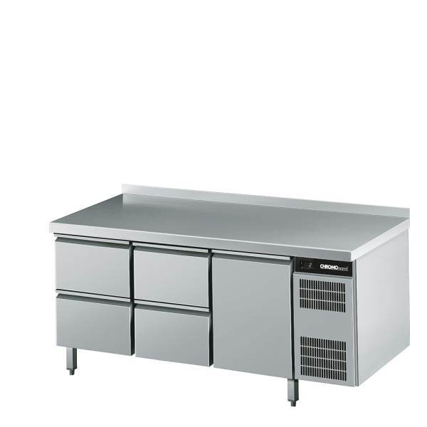 Kühltisch GN 1/1, 4 Schubladen / 1 Tür, mit Tischpl. hinten aufgekantet, Steckerfertig
