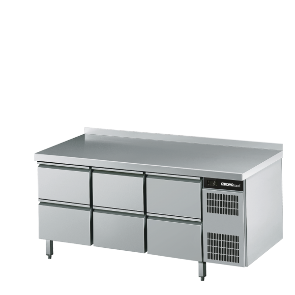 Kühltisch GN 1/1, 6 Schubladen, mit Tischpl. hinten aufgekantet, Steckerfertig